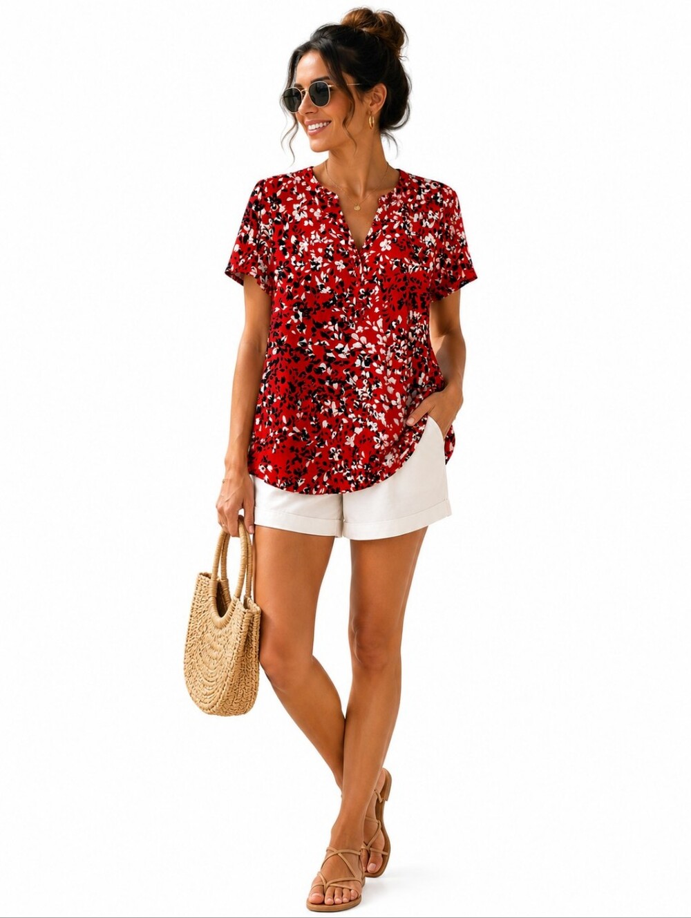 Liz Claiborne Red Floral V-Neck Short Sleeve Blouse